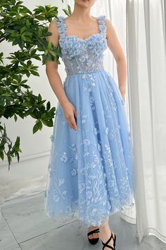 MissJophiel Corset 3D Floral Sky Blue Midi Dress Sky Blue Midi Dress, Sky Blue Fabric, Floral Dress Design, 2024 Prom, Stunning Prom Dresses, Business Dresses, Blue Midi Dress, Floral Midi Dress, Corset Dress