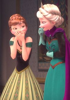 two frozen princesses standing next to each other with their hands on their mouths and looking at each other