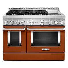 Satisfy your craving to create with a 48-inch KitchenAid® Commercial-Style Range with Even-Heat™ Chrome Electric Griddle. This 6-burner gas range features two versatile 20, 000 BTU Ultra Power™ Dual-Flame Burners with the power and precision to successfully sear, simmer, stir-fry and sauté. The double oven with Even-Heat™ True Convection helps you achieve more consistent baking and roasting. KitchenAid 48-in 6 Burners 4.1-cu ft / 2.2-cu ft Self-cleaning Convection Freestanding Smart Double Oven Freestanding Double Oven, Gas Range Double Oven, Cleaning Oven Racks, Self Cleaning Ovens, Electric Griddle, Dual Fuel Ranges, Large Oven, Gas Oven, Gas Cooktop