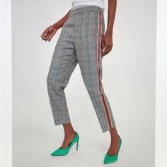 Zara Nwt Plaid Side Striped Pants Size L Black/Grey Mid-Rise Checked Plaid Trousers With Red Contrasting Striped Trims On The Sides. They Feature Front Pockets, Double Welt Back Pockets And Metal Zip And Hook Fastening In The Front. Outer Shell 98% Viscose 1% Polyester 1% Elastane Imported Bundle And Save Zara Trousers, Check Pants, Women Suits, Zara Jumpsuit, Lazy Day Outfit, Plaid Outfits, Checked Trousers, Outfit Mujer, Houndstooth Dress