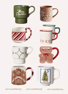 there are many mugs that have different designs on each one and the words merry christmas written in them