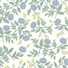 a blue and green floral wallpaper with leaves, flowers and berries on white background