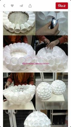 several pictures showing how to make a vase out of plastic cups and paper plates,