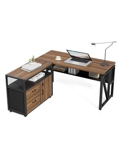 a computer desk with a laptop on top of it and a drawer under the desk