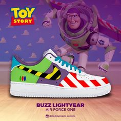 Custom Buzz Lightyear-themed shoes, hand-painted and airbrushed, sealed with a scratch-resistant finish. These shoes are designed for light casual wear and are not recommended for activities like running or sports. Buzz Lightyear Shoes, Tie Sneakers, Mens Tie, Buzz Lightyear, Painted Shoes, Tie Shoes, Custom Shoes, Ties Mens, Mens Shoes Sneakers