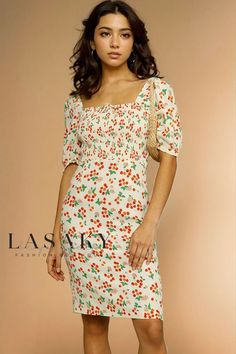 Lasaky - Vintage French Print Puff Sleeve Midi Dress French Dresses, Vintage Cherry, Printed Summer Dresses, Printed Dresses, Dresses To Wear, Cherry Print, Midi Dress Summer, Vintage Style Dresses, Mid Length Dresses