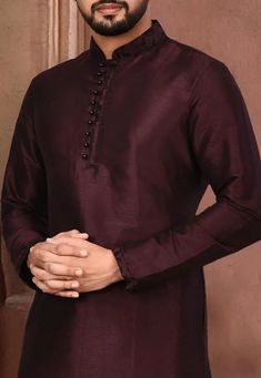 Plain Dupion Silk Kurta Set in Wine Indian Kurta For Men, Silk Kurta Set, Mens Indian Wear, Kurta Pajama Men, Kurta For Men, Red Kurta, Best Blouse Designs, Kurta Men, Men's Kurta