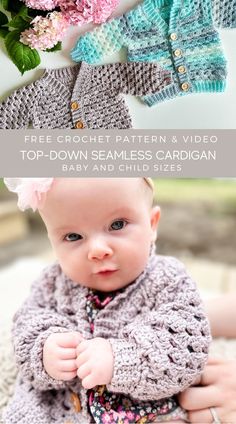 a baby wearing a knitted cardigan with flowers in the background