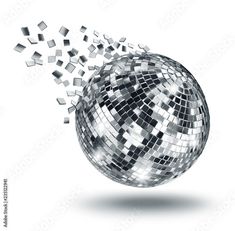 an abstract disco ball with cubes and reflections on the surface, flying in the air