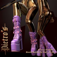 a pair of purple high heeled boots with gold and pink laces on them