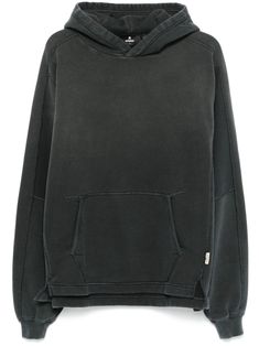 black cotton jersey texture faded effect exposed-seam detailing slouchy hood long sleeves ribbed cuffs front pouch pocket mini logo tag short side slits French terry lining high-low hem Stylish Hoodies, Mini Logo, Logo Tag, Balenciaga Triple S, Black Side, Sweaters Knitwear, Mens Activewear, High Low Hem, Black Hoodie