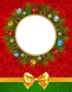 a christmas card with a wreath and bow on it, surrounded by pine cones and balls