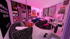 a bedroom with pink lighting and pictures on the walls