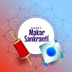 happy makar sanki greeting card with thread, umbrella and paper on colorful background