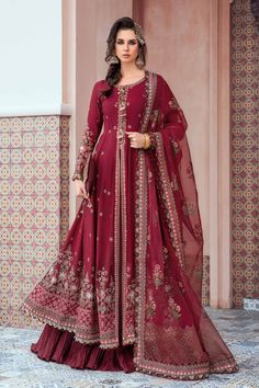 Maria B Maroon CST-708 Sateen Collection Satin Sleeves, Pakistani Lehenga, Printed Organza, Lehenga Suit, Readymade Saree, Satin Trousers, Lehenga Skirt, Pakistani Salwar Kameez