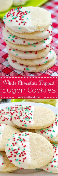 white chocolate dipped sugar cookies with sprinkles are on a red and white checkered tablecloth