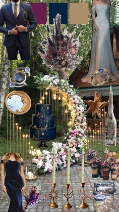 a collage of different items including candles, flowers and other things in the background