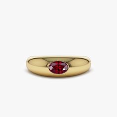 This 14k Gold Dome ring features a stunning 6x4mm oval cut natural ruby set in a high-polish 14k gold dome band. The warm yellow tone of the 14k gold band beautifully complements the rich red color of the ruby. The ruby is said to be a symbol of passion, love and power. It is also the birthstone of July. The oval cut of the ruby adds a touch of vintage elegance, and the gold dome band creates an elegant and classic look, making it a perfect choice for anyone who appreciates the natural beauty of gemstones and wants to add a touch of boldness to their jewelry collection. ▶  Features: * Made to Order * Gold Kt: 14K Solid Gold (also available in 18K) * Available Gold Colors: Rose Gold, Yellow Gold, White Gold * Oval Ruby: 1 pc 6 X 4 MM * Ruby Carat Weight: 0.49 ctw * Ready to Ship in 7-10 Bus Luxury Red Gemstone Dome Ring, Ruby Set, July Birthstone Ring, Natural Ruby Ring, Yellow Tone, Gold Armband, Warm Yellow, Dome Ring, Local Jewelry