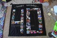 a quilted birthday card on the floor next to a skateboard and other items