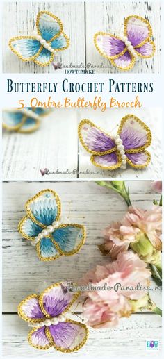 the butterfly crochet pattern is shown in three different colors