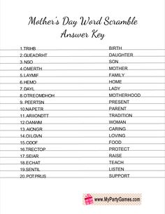 the mother's day word scramble answer key