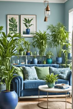 a living room filled with blue couches and potted plants