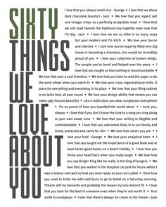 an advertisement with the words sixty things we love about you written in black and white