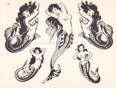 four mermaids are depicted in black and white