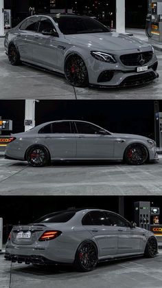 three different views of a silver car parked in front of a gas station