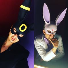 a man wearing a bunny mask next to an image of a person in a costume