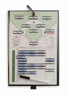 a baseball game schedule on a clipboard with a ball and bat next to it