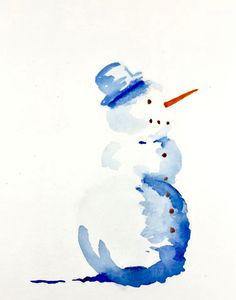 a watercolor drawing of a snowman sitting down