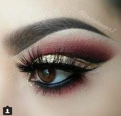 Maroon and Gold eyeshadow Gold Glitter Makeup, Burgundy Eyeshadow, Mesmerizing Eyes, Gold Eyeshadow, Winged Liner, Glitter Makeup, Makeup Goals, Makati, Prom Makeup