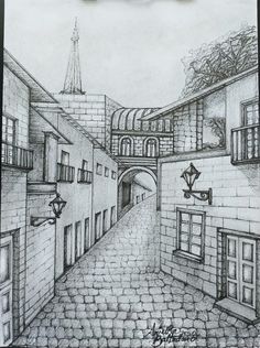 a pencil drawing of an alleyway in the city