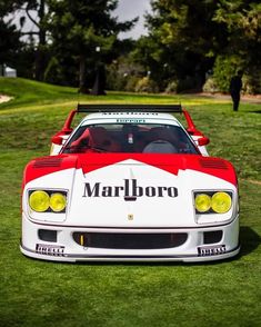 a white and red sports car sitting on top of a lush green field