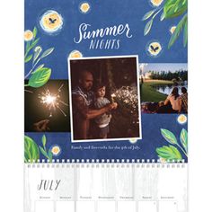 a calendar with an image of a child holding a sparkler and flowers on it