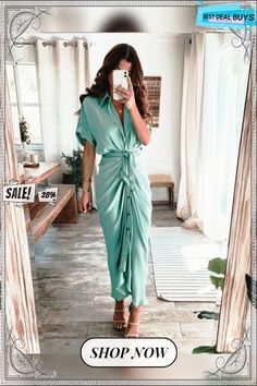 Chic Chic Tie Maxi Dress Chic Maxi Shirt Dress For Summer, Chic Maxi Length Shirt Dress For Summer, Summer Evening Shirt Dress, Elegant Green Shirt Dress For Summer, Chic Short Sleeve Shirt Dress For Party, Chic Summer Evening Shirt Dress, Summer Evening Midi Shirt Dress, Midi Shirt Dress For Summer Date Night, Midi Length Shirt Dress For Date Night In Summer