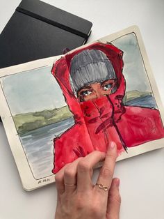 a drawing of a woman in a red jacket holding an open book with her hand