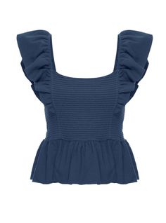 Peplum style tank with smocked bodice and bold ruffle details at shoulders. Open deep scooped back with bow detail. Fitted and cropped length. Details 100% Cotton Machine Wahsable TTS Messy Top Knot, Fame Clothes, Blue Ruffle Top, More Is More, French Navy, Casual Summer Tops, Peplum Styles, Cute Preppy Outfits, Ethical Clothing