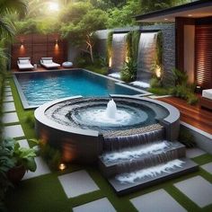 an outdoor swimming pool with waterfall and lounge chairs