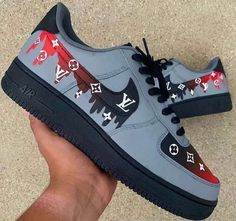 Get ready to kick your style up a notch with these Dripping Lv Logo Swoosh Gray Black Red Custom Air Force 1 shoes. Adding a touch of luxury with the dripping Lv logo and bold red accents, these sneakers will have you standing out from the crowd. Elevate your sneaker game today! (Only for the coolest fashionistas.) Exactly as shown in the pictures. 📷 Brand New & Authentic. 💯 Hand Painted with attention to detail. 👨‍🎨 Waterproof and Flexible. ❤️ Unisex model. Please refer to the Size Chart. 👟👫 Free Worldwide Shipping. ✈️🌍 Lv Logo, Unique Sneakers, Custom Air Force 1, Sneaker Games, Grey Shoes, Grey Women, Custom Shoes, Sneaker Head, Air Force 1