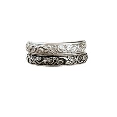 Western Floral Sterling Silver Stacking Rings in bright (top) and antiqued (bottom) sterling silver. Elegant Silver Stackable Rings With Engraving Option, Elegant Stackable Rings With Oxidized Finish For Gifts, Western Ring, Western Rings, Stackable Ring Sets, Sterling Silver Stacking Rings, Stacking Ring Set, Silver Stacking Rings, Western Jewelry