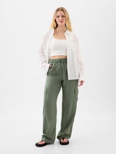 Linen-Blend Wide-Leg Cargo Pull-On Pants | Gap Factory Linen Cargo Pants With Elastic Waistband For Loungewear, Casual Cargo Pants With Drawstring For Work, Linen Cargo Pants With Pockets For Loungewear, Linen Cargo Pants With Elastic Waistband, Elastic Waistband Linen Cargo Pants, Linen Cargo Bottoms For Loungewear, Straight Leg Linen Cargo Pants With Elastic Waistband, Linen Cargo Pants With Elastic Waistband And Straight Leg, Casual Parachute Pants With Cargo Pockets For Everyday