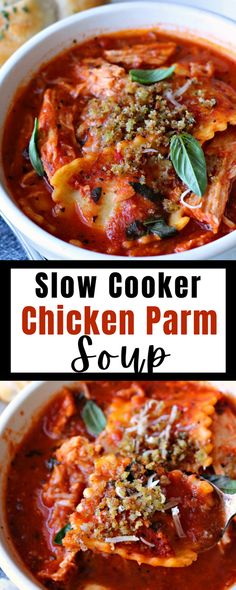 slow cooker chicken parm soup in a white bowl