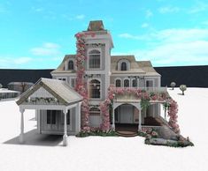 Floral Bloxburg House Exterior, Pink Bloxburg House Layout, Floral House Exterior, French Roses Bloxburg, Realistic House Exterior, Spring House Exterior, Spring House Bloxburg, Spring Bloxburg House, Bloxburg Pink House