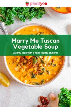 mary me tuscan vegetable soup in a white bowl surrounded by greens and lemons