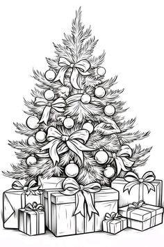 a black and white drawing of a christmas tree with presents under it, on a white background