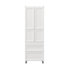 a tall white cabinet with four doors on the front and two drawers on the back