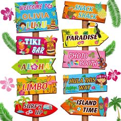 colorful wooden signs pointing in different directions on a pole with palm trees and flowers behind them