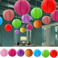 colorful paper lanterns hanging from the ceiling